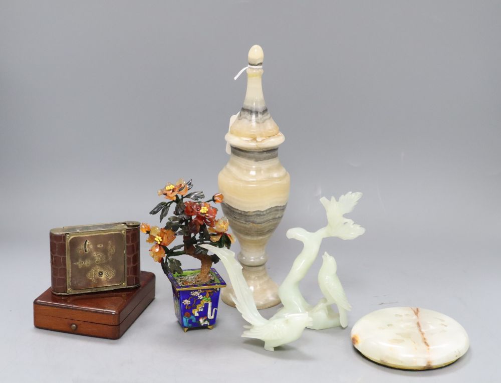 A Chinese hardstone tree, an onyx vase, a broken figure, an alarm clock and a match box